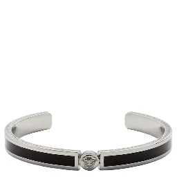 Black Enamelled Rigid Bracelet with Medusa Plate and Greek Engraving in Brass for Men