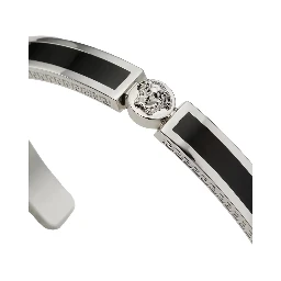 Black Enamelled Rigid Bracelet with Medusa Plate and Greek Engraving in Brass for Men