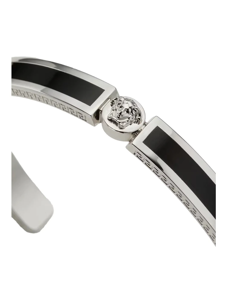 Black Enamelled Rigid Bracelet with Medusa Plate and Greek Engraving in Brass for Men alternative