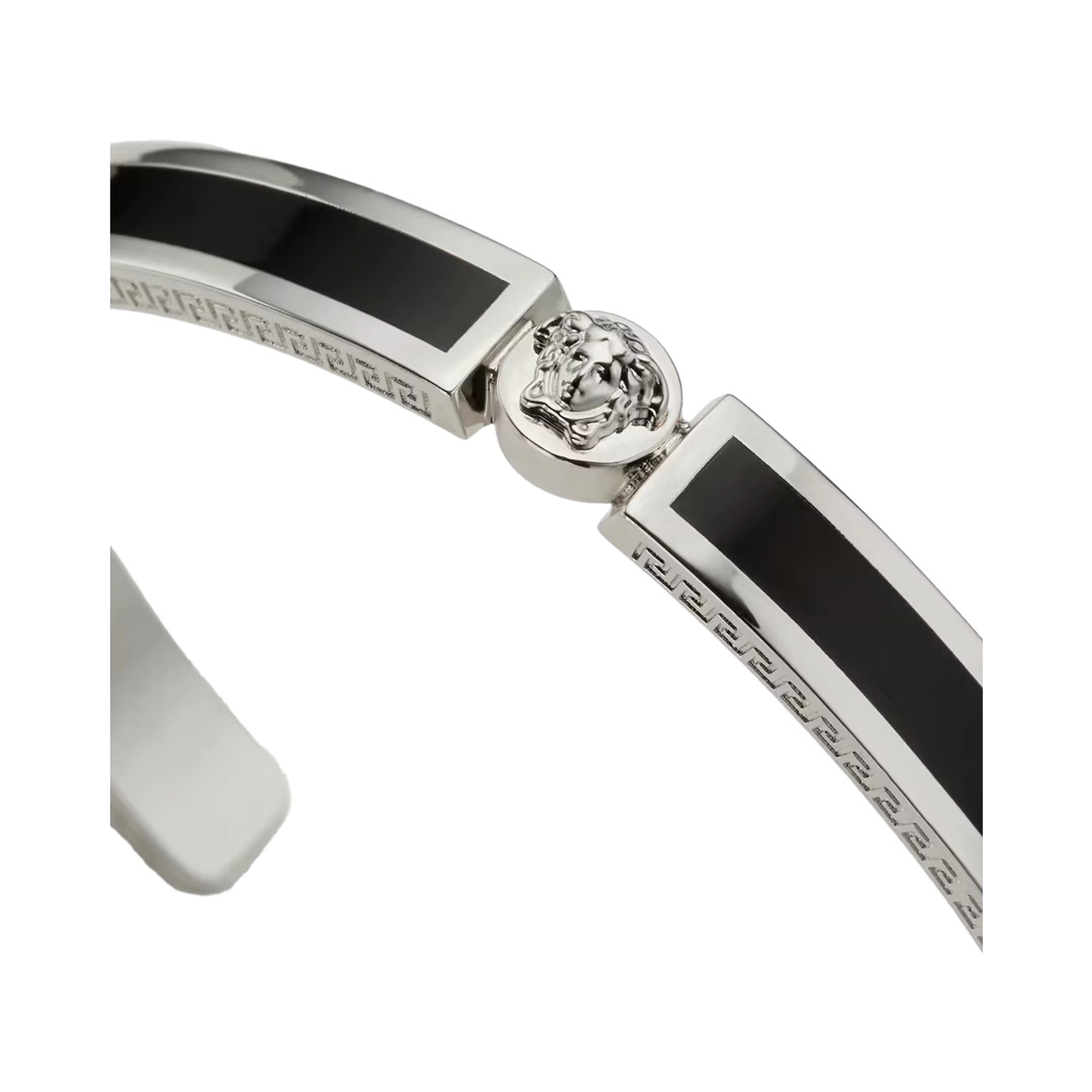 Black Enamelled Rigid Bracelet with Medusa Plate and Greek Engraving in Brass for Men