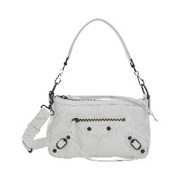 Le City Moto White Mini Shoulder Bag with Adjustable and Removable Strap in Leather for Women