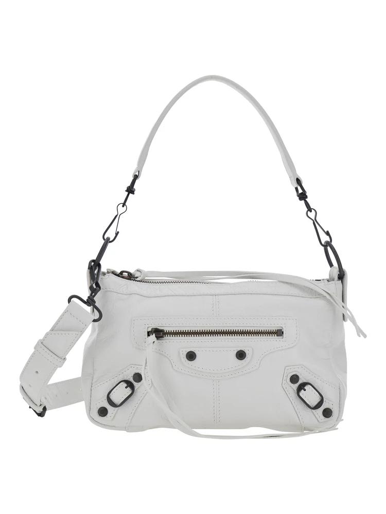 Le City Moto White Mini Shoulder Bag with Adjustable and Removable Strap in Leather for Women