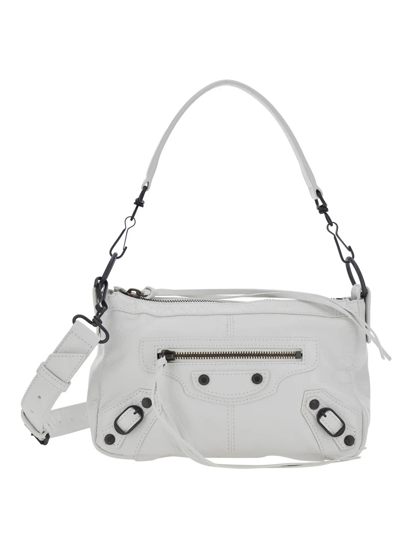 Le City Moto White Mini Shoulder Bag with Adjustable and Removable Strap in Leather for Women