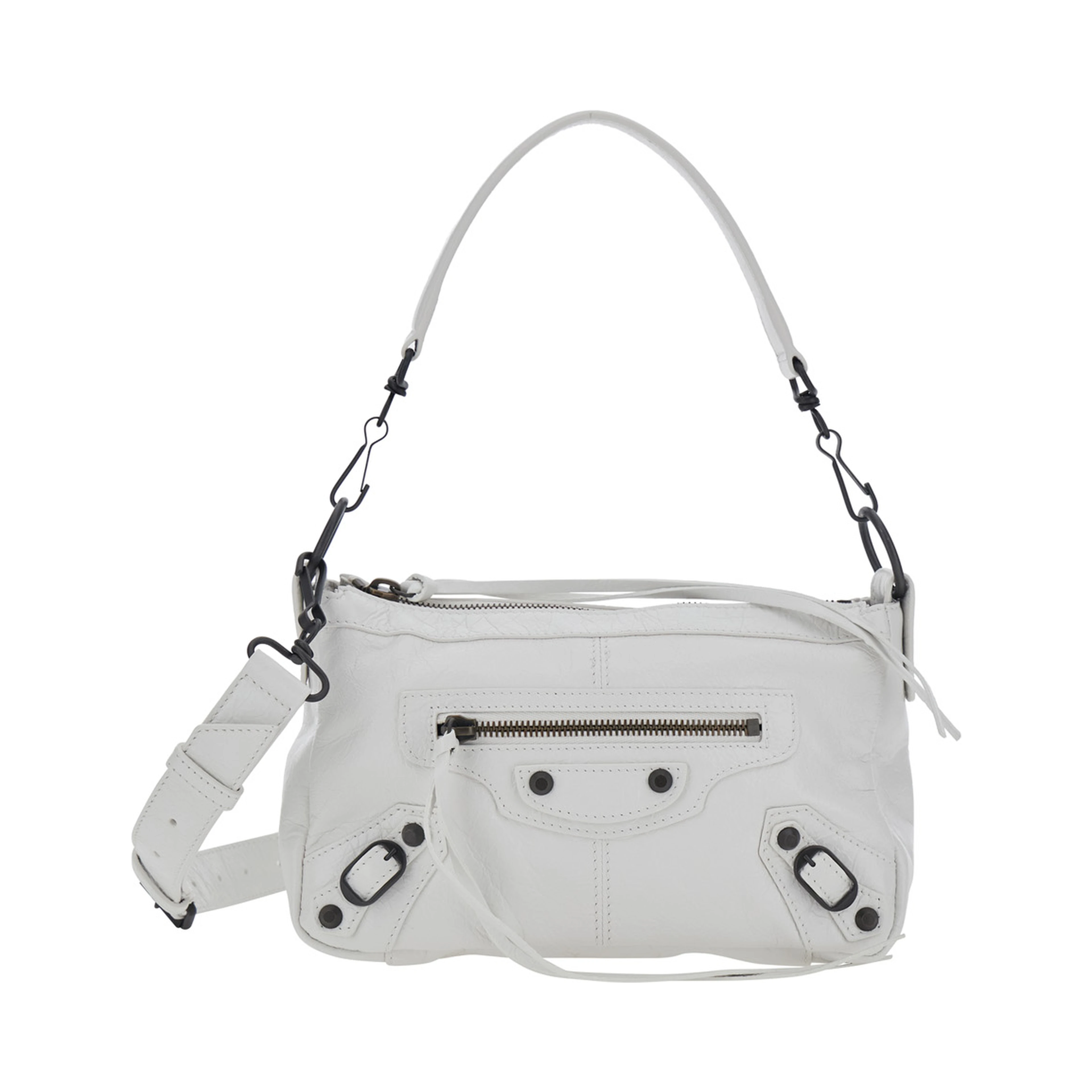 Le City Moto White Mini Shoulder Bag with Adjustable and Removable Strap in Leather for Women