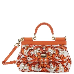 Sicily Orange Small Handbag with Floral Motif and Logo Plate on the Front in Canvas and Leather for Women