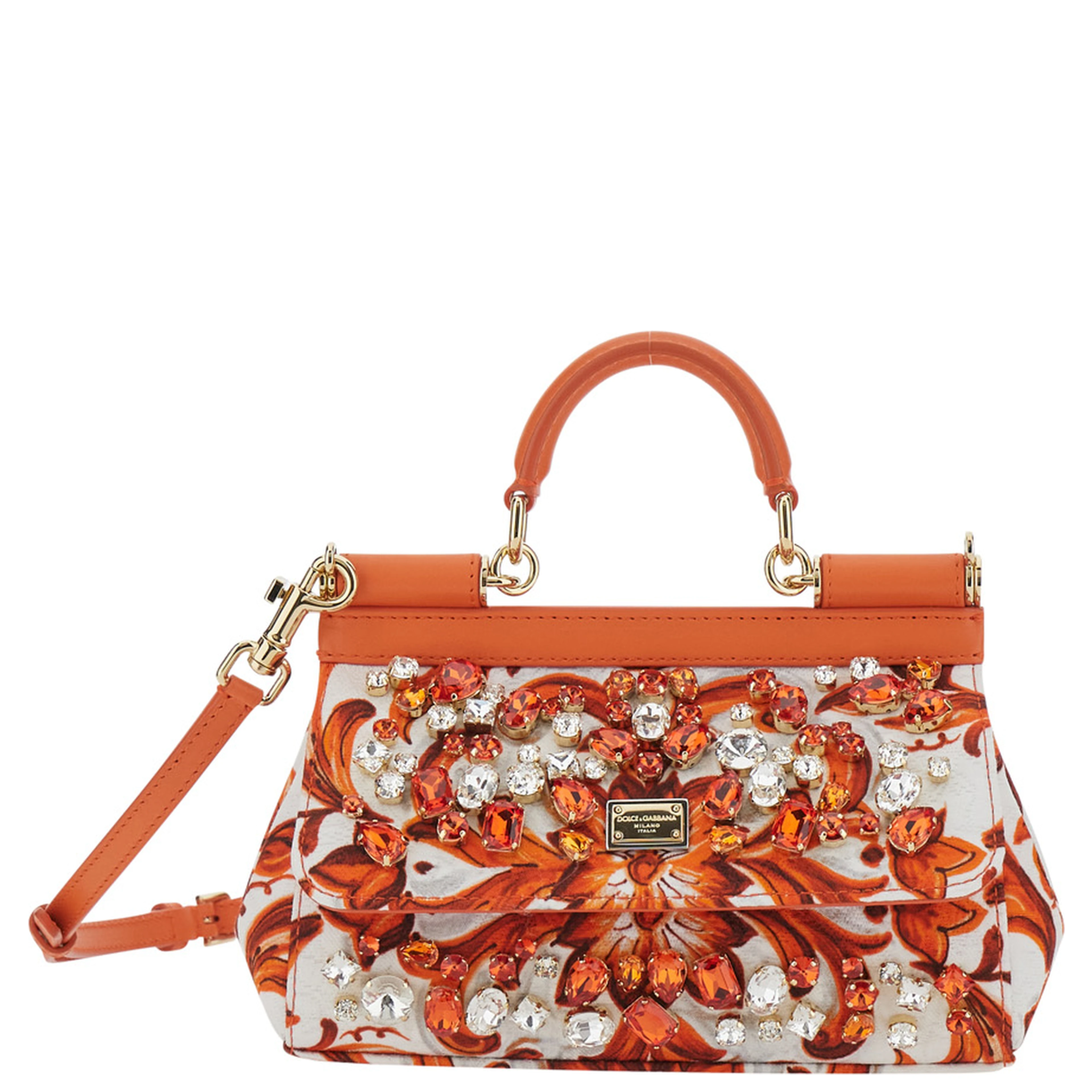 Sicily Orange Small Handbag with Floral Motif and Logo Plate on the Front in Canvas and Leather for Women