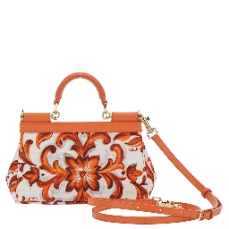 Sicily Orange Small Handbag with Floral Motif and Logo Plate on the Front in Canvas and Leather for Women