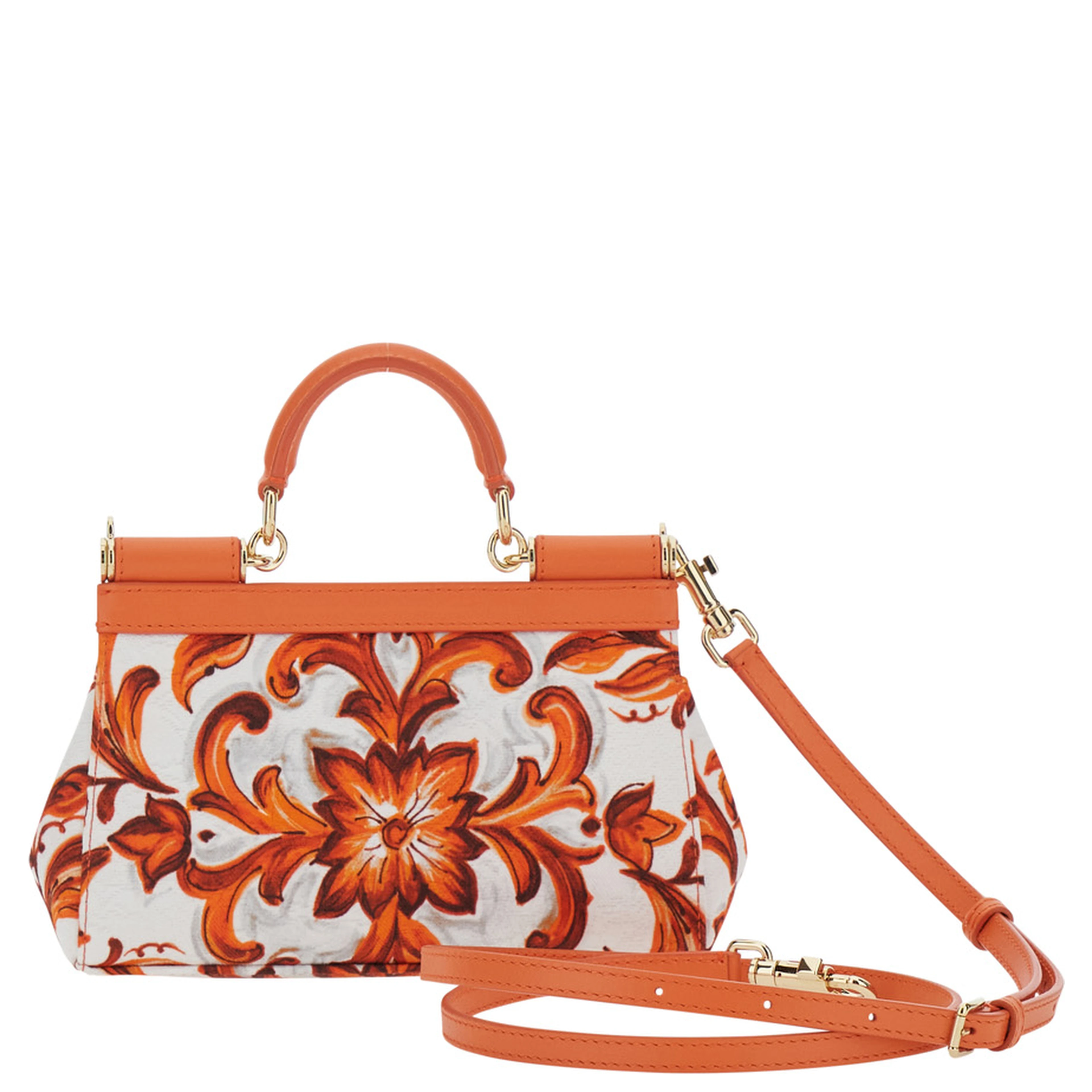 Sicily Orange Small Handbag with Floral Motif and Logo Plate on the Front in Canvas and Leather for Women