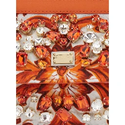 Sicily Orange Small Handbag with Floral Motif and Logo Plate on the Front in Canvas and Leather for Women