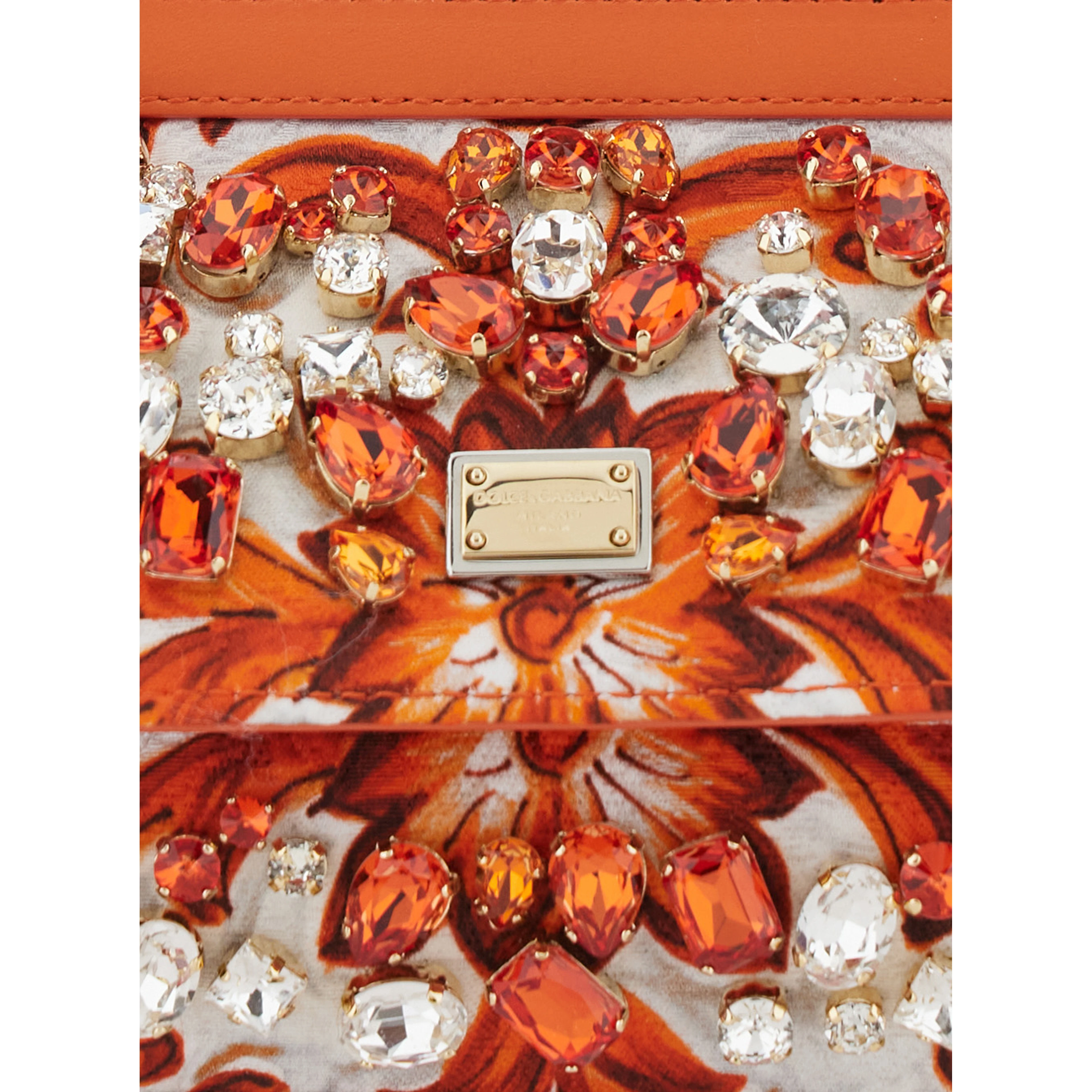 Sicily Orange Small Handbag with Floral Motif and Logo Plate on the Front in Canvas and Leather for Women