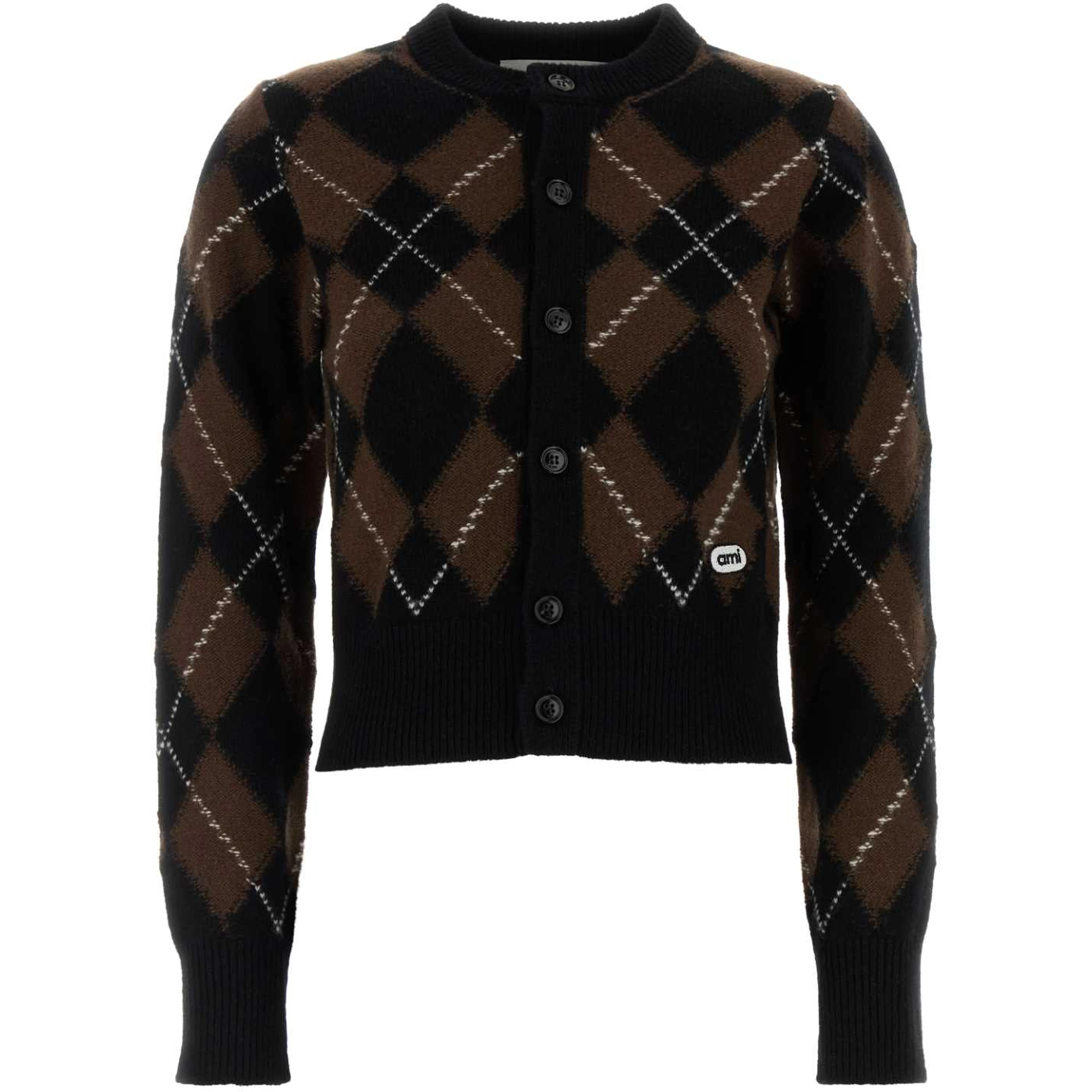 CREWNECKCARDIGANWITHAMIBOUCLETTEOVALPATCH