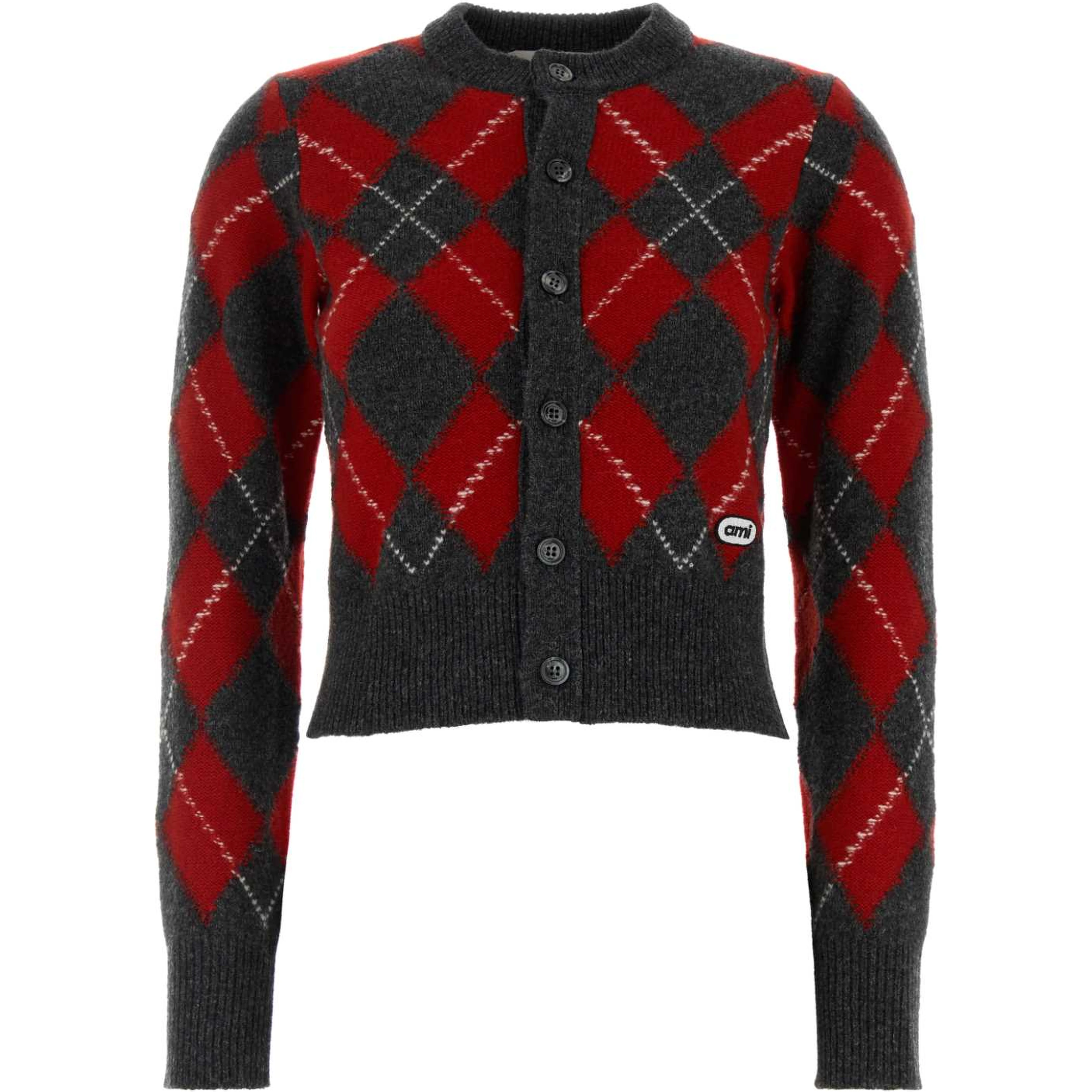 CREWNECKCARDIGANWITHAMIBOUCLETTEOVALPATCH