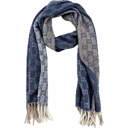 Monogram Blue Cashmere & Wool Scarf with Beige & Cream Fringe