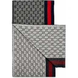 Monogram Charcoal Grey Cashmere & Wool Scarf with Red & Navy Stripe
