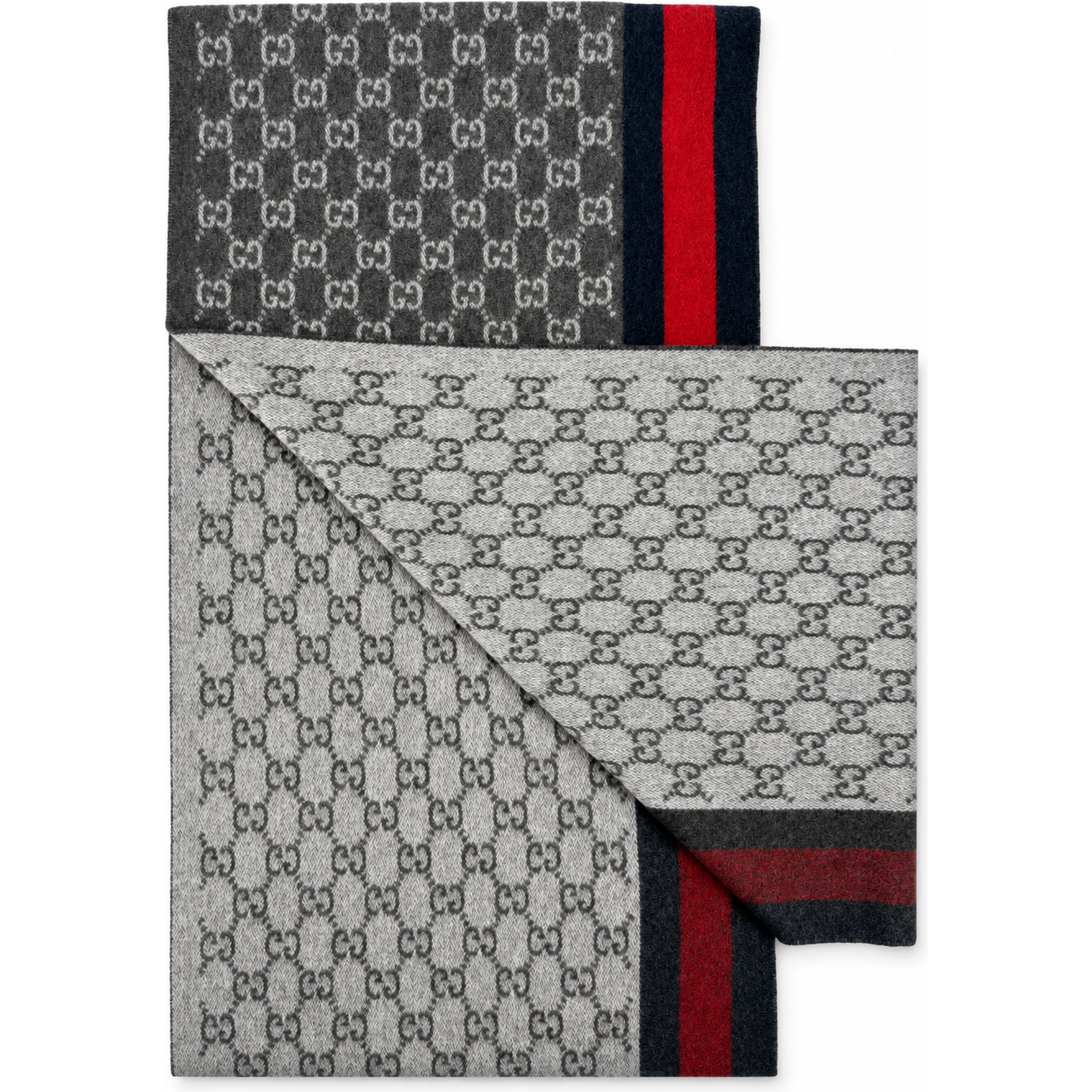 Monogram Charcoal Grey Cashmere & Wool Scarf with Red & Navy Stripe