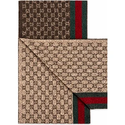 Monogram Brown Cashmere & Wool Scarf with Green & Red Web Stripe