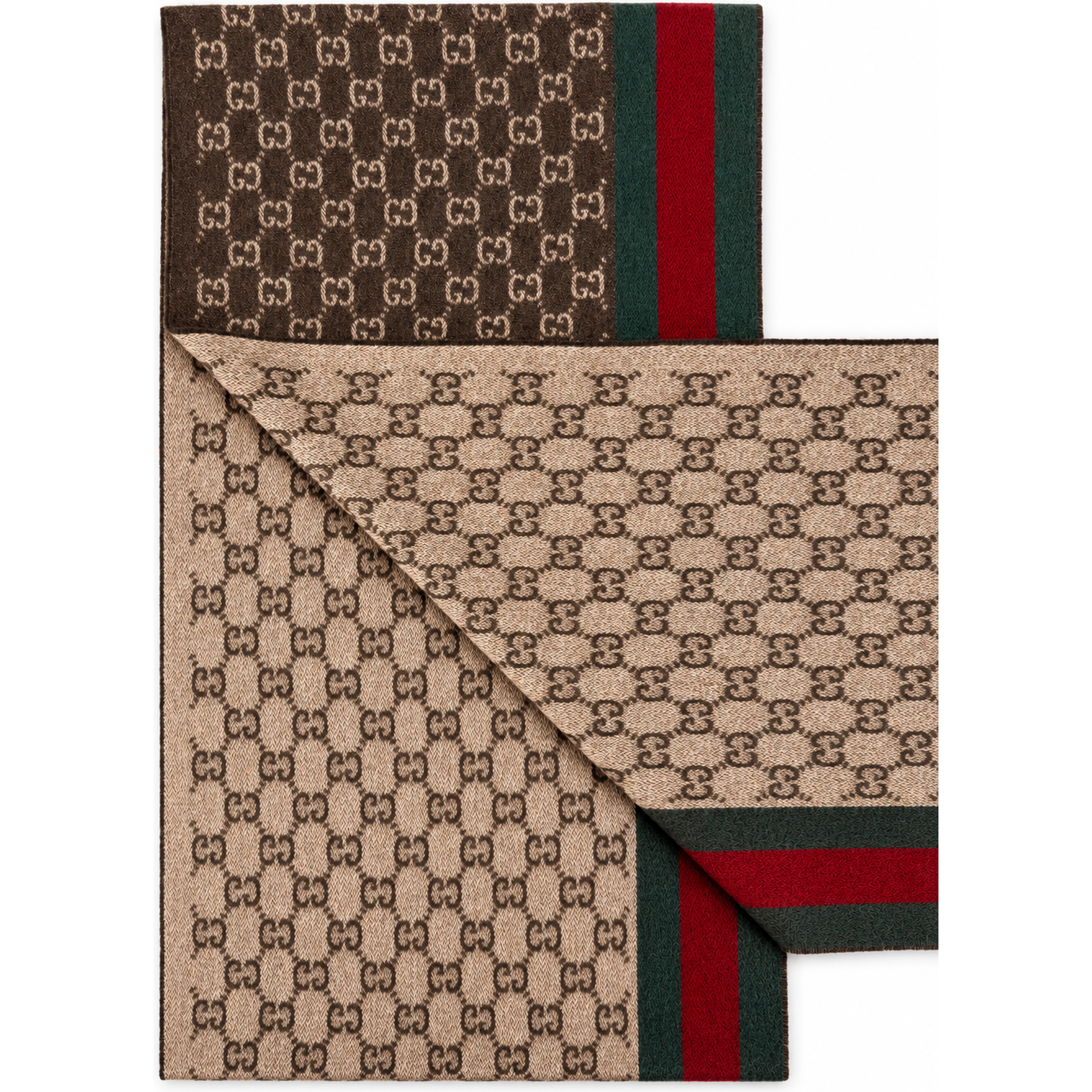 Monogram Brown Cashmere & Wool Scarf with Green & Red Web Stripe