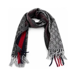 Monogram Charcoal Grey Cashmere & Wool Scarf with Red & Navy Stripe