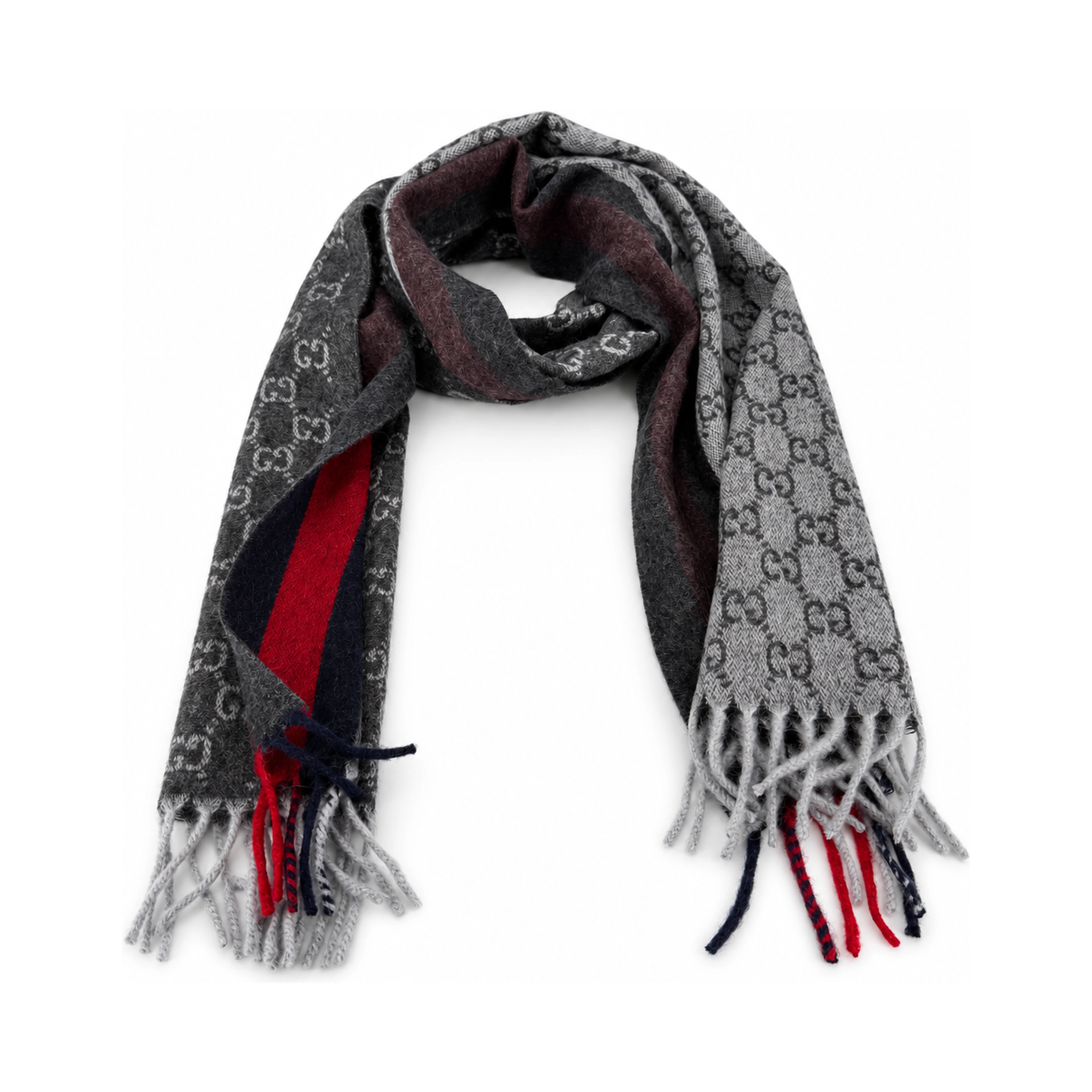 Monogram Charcoal Grey Cashmere & Wool Scarf with Red & Navy Stripe