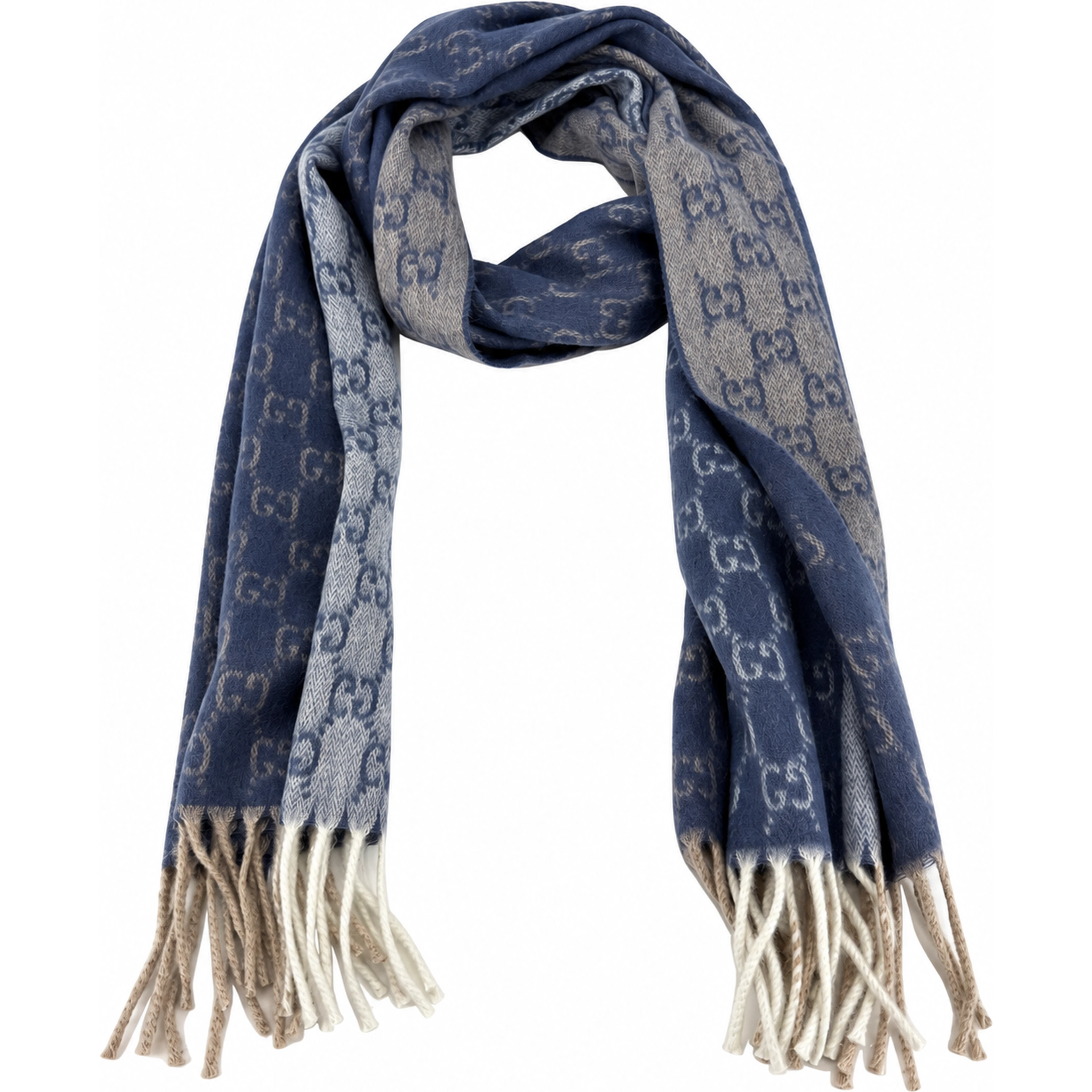 Monogram Blue Cashmere & Wool Scarf with Beige & Cream Fringe
