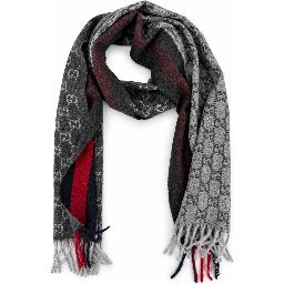Monogram Charcoal Grey Cashmere & Wool Scarf with Red & Navy Stripe