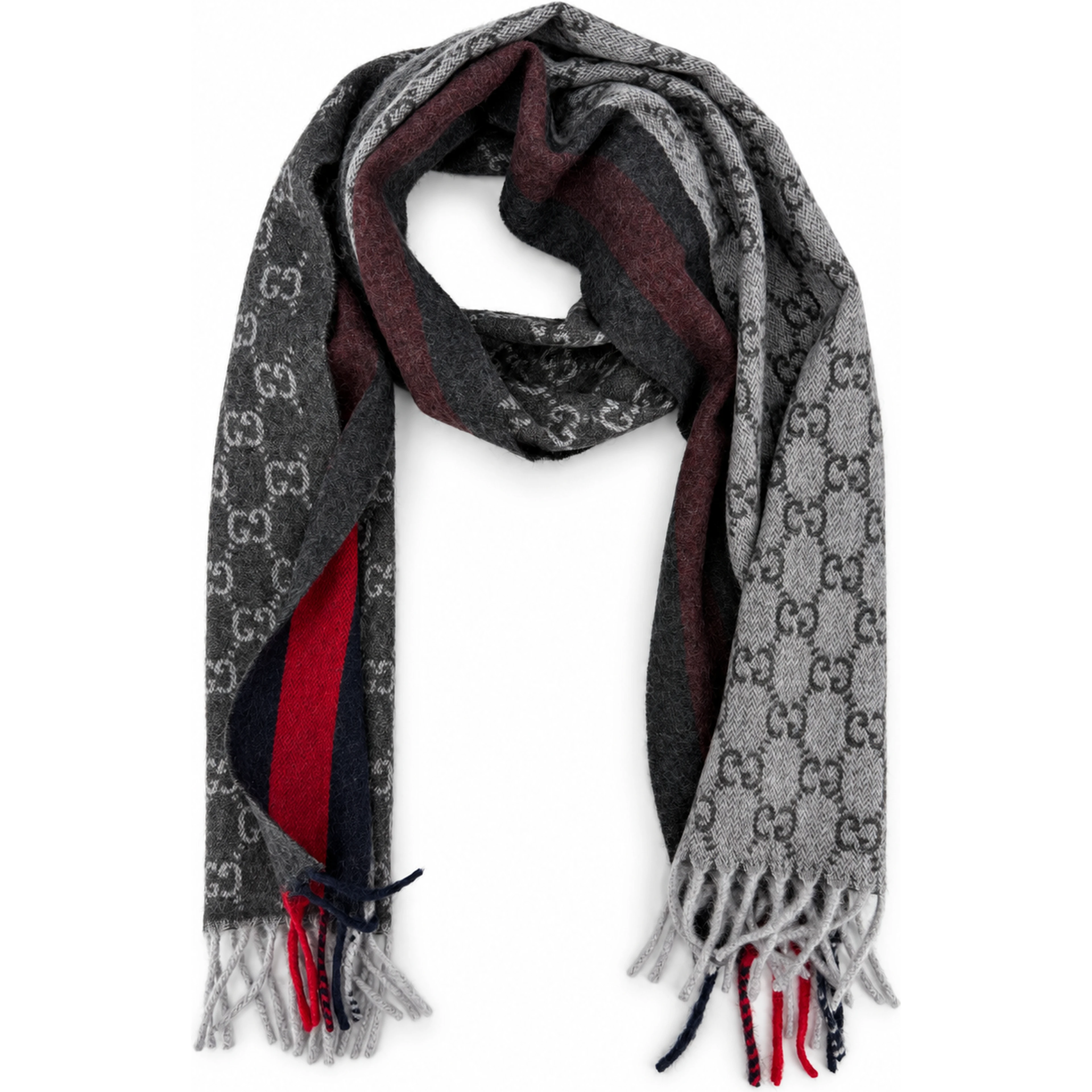 Monogram Charcoal Grey Cashmere & Wool Scarf with Red & Navy Stripe