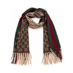 Monogram Brown Cashmere & Wool Scarf with Green & Red Web Stripe