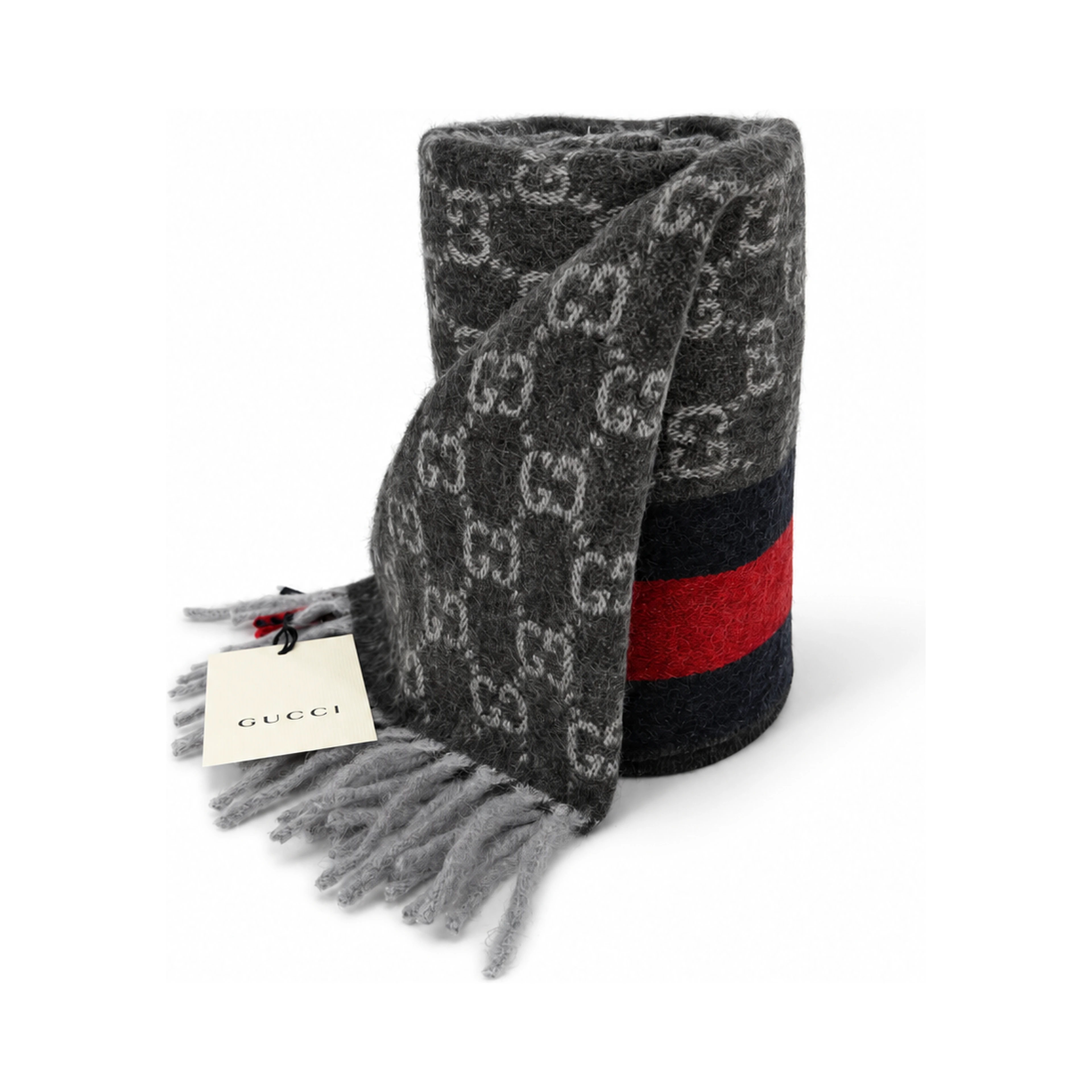 Monogram Charcoal Grey Cashmere & Wool Scarf with Red & Navy Stripe
