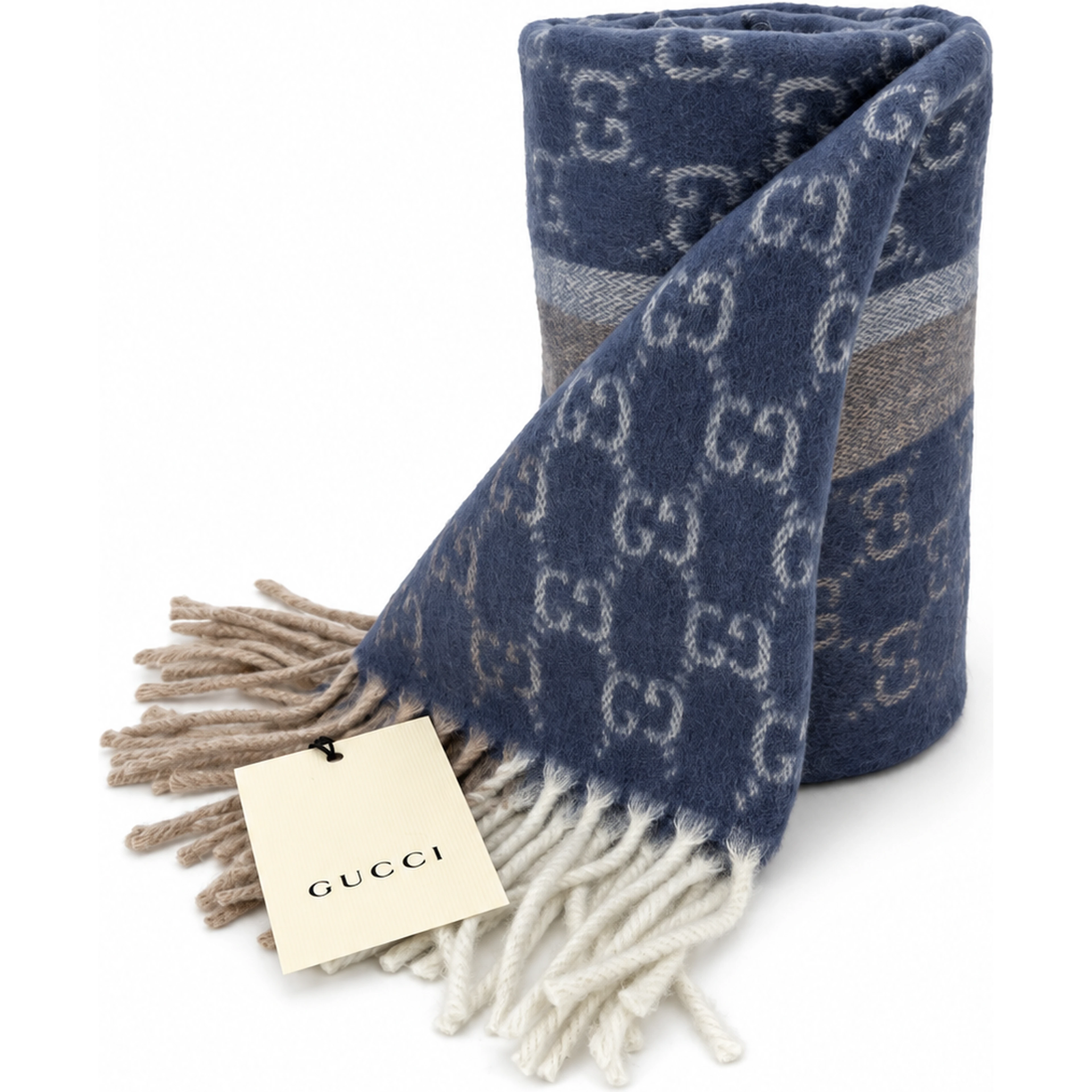 Monogram Blue Cashmere & Wool Scarf with Beige & Cream Fringe