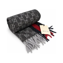 Monogram Charcoal Grey Cashmere & Wool Scarf with Red & Navy Stripe