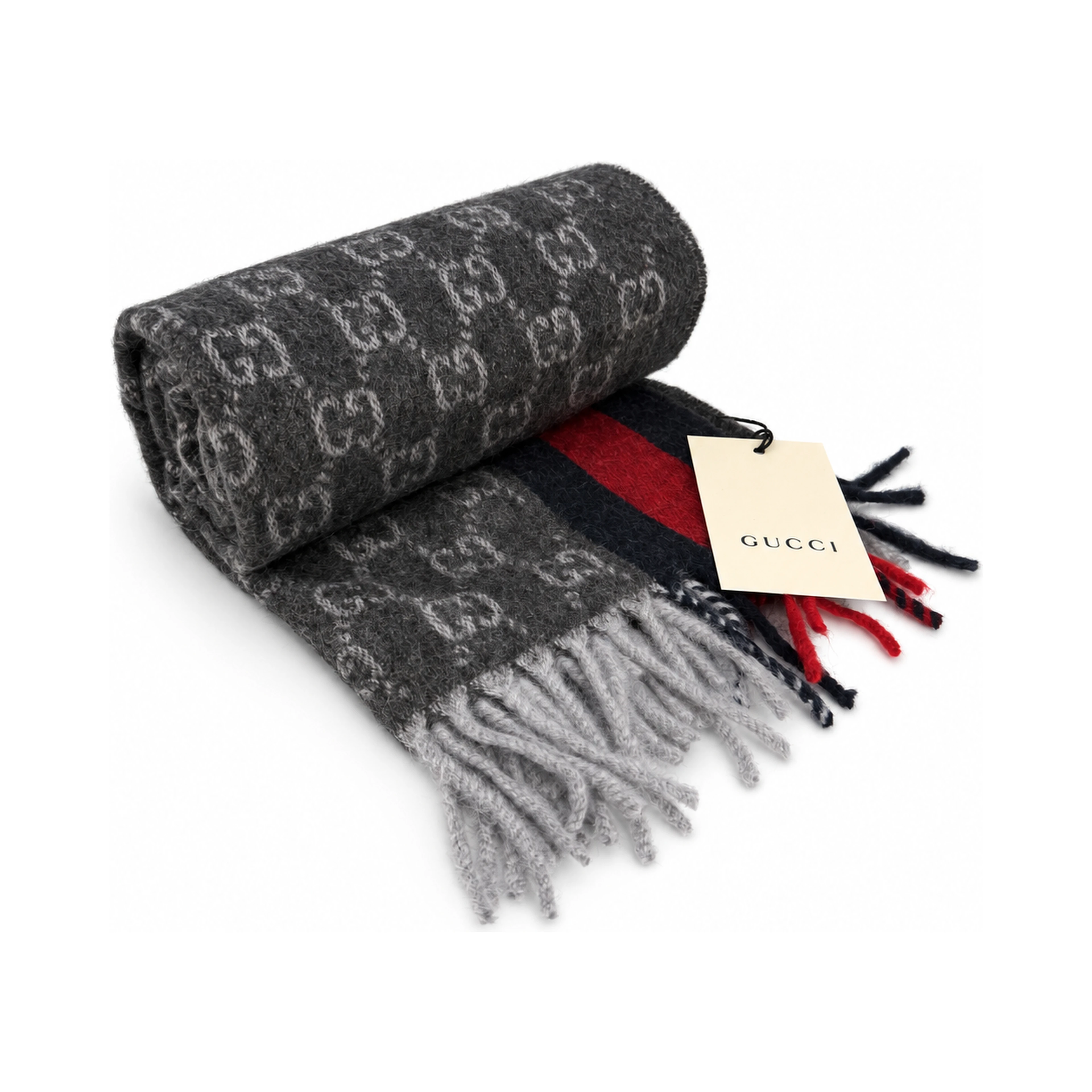 Monogram Charcoal Grey Cashmere & Wool Scarf with Red & Navy Stripe