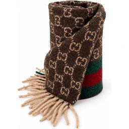 Monogram Brown Cashmere & Wool Scarf with Green & Red Web Stripe
