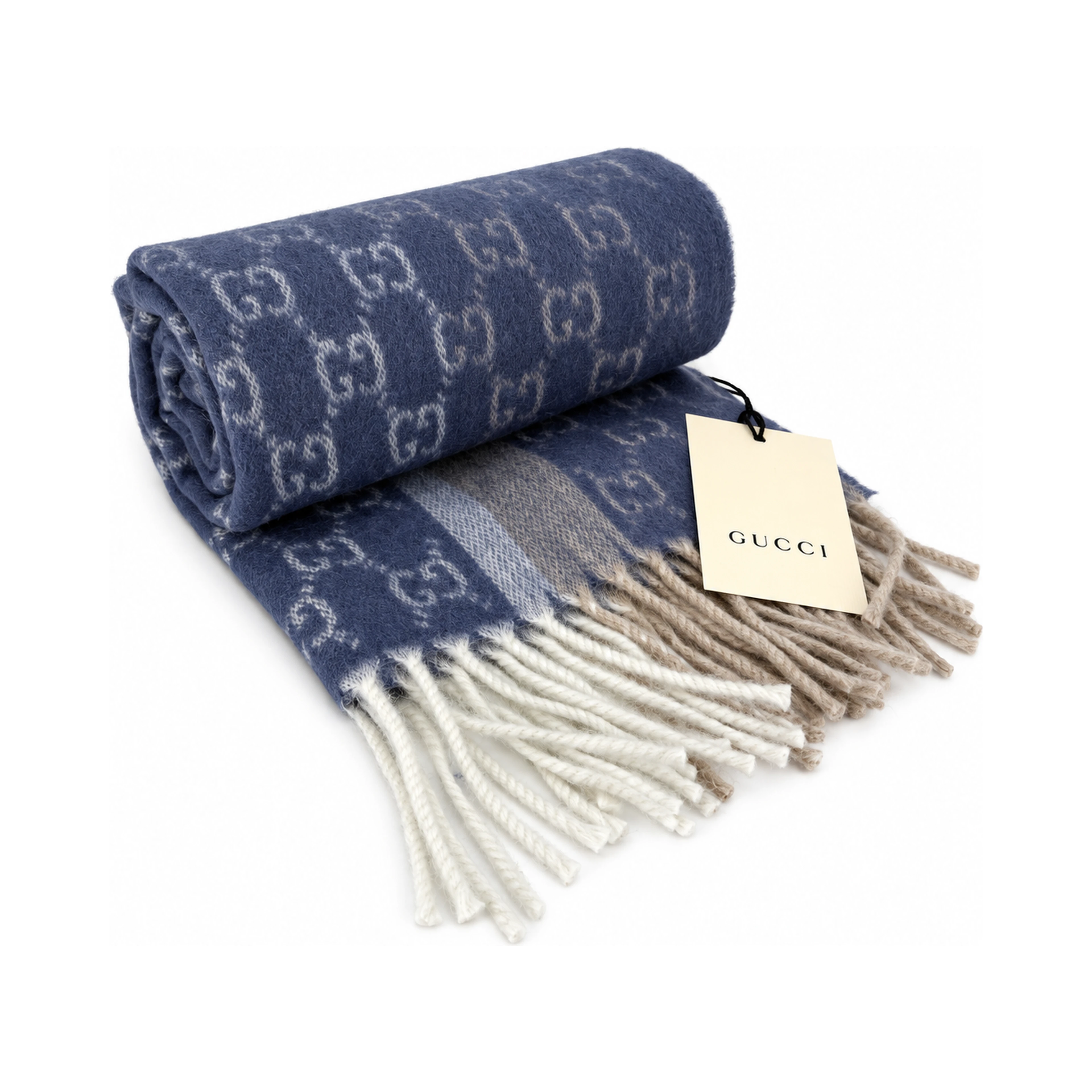 Monogram Blue Cashmere & Wool Scarf with Beige & Cream Fringe