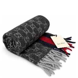 Monogram Charcoal Grey Cashmere & Wool Scarf with Red & Navy Stripe
