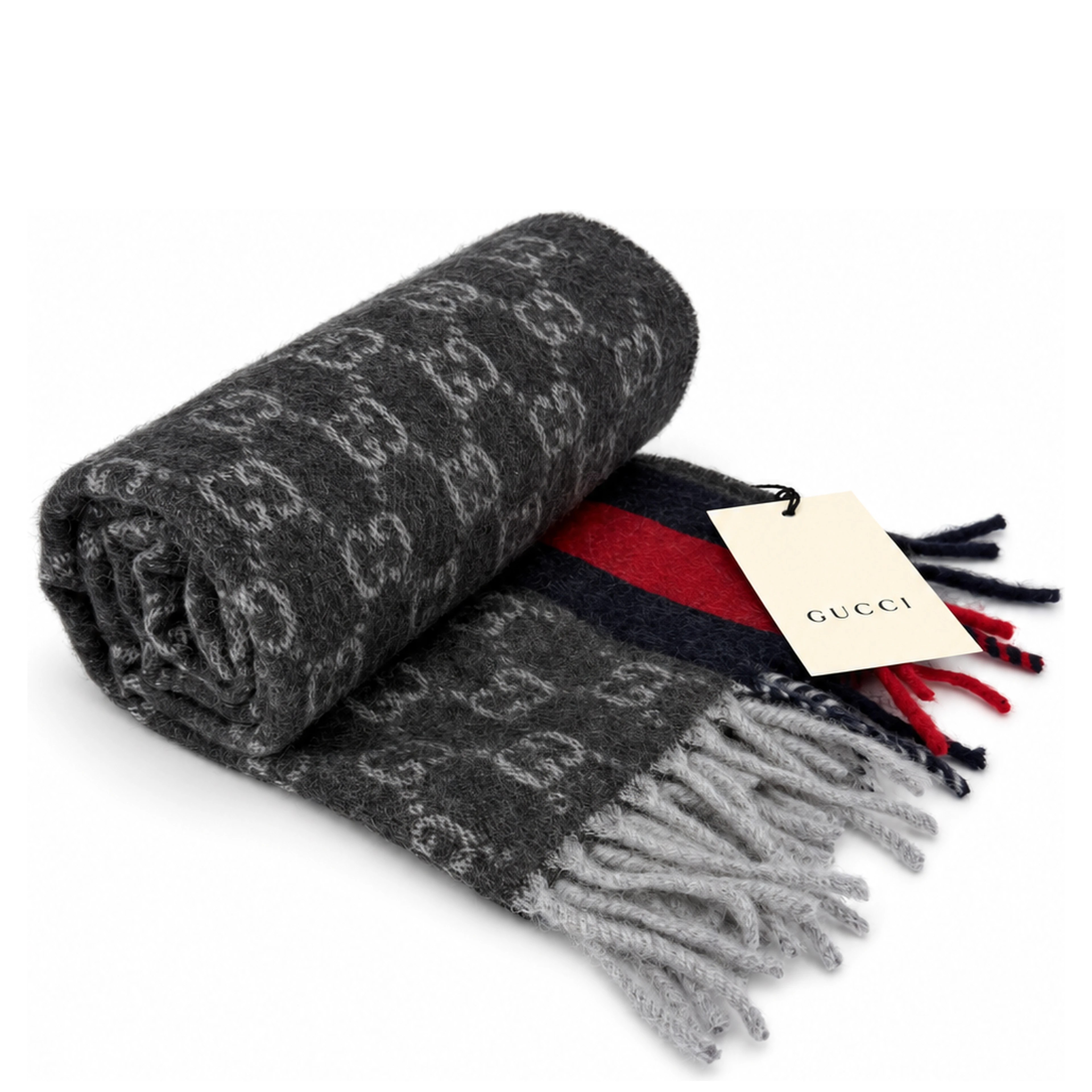 Monogram Charcoal Grey Cashmere & Wool Scarf with Red & Navy Stripe