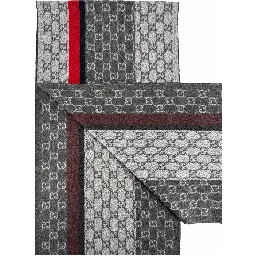 Monogram Grey Cashmere & Wool Scarf with Red & Black Stripe
