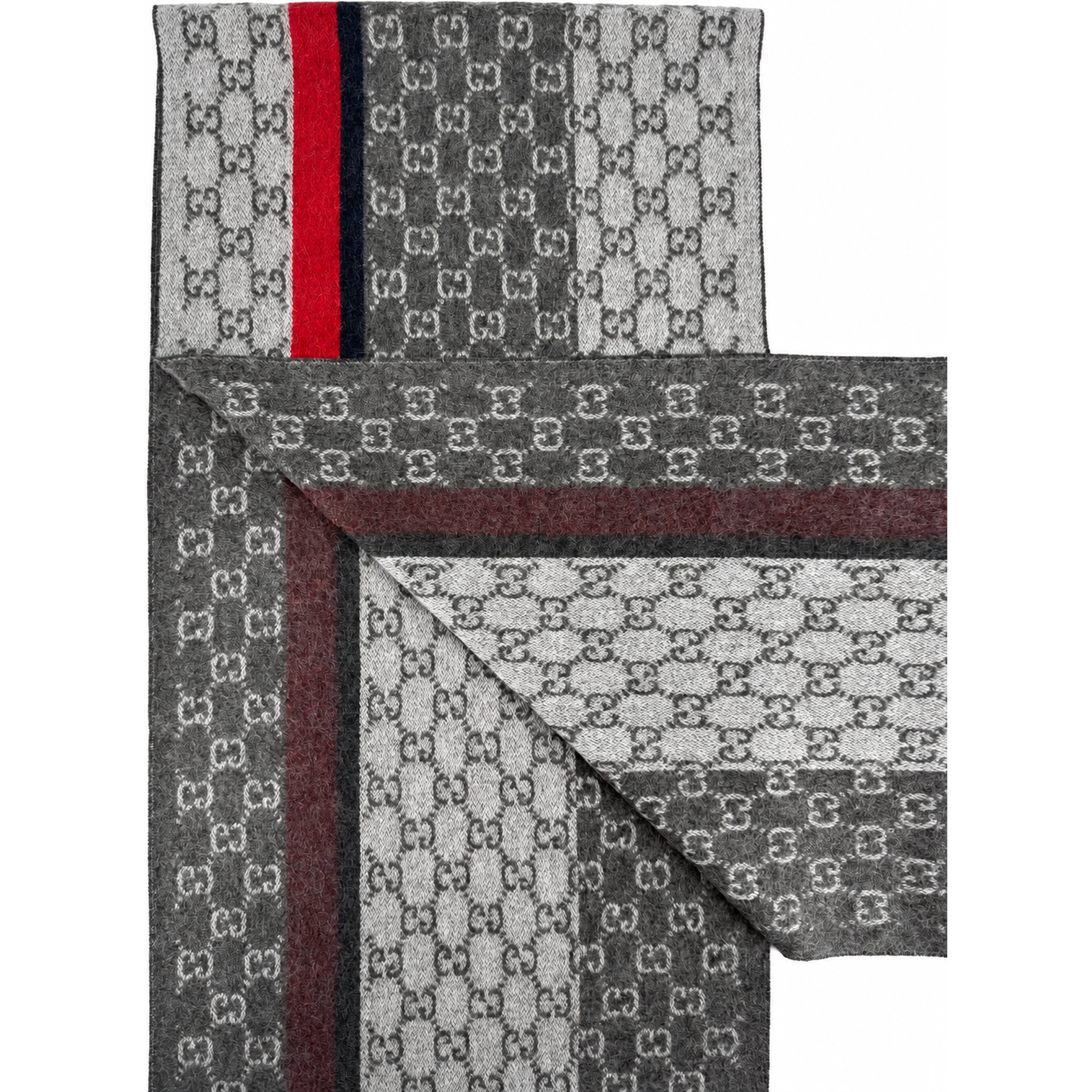 Monogram Grey Cashmere & Wool Scarf with Red & Black Stripe