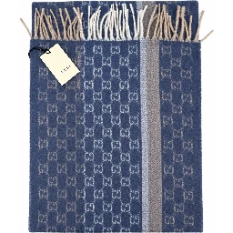 Monogram Blue Cashmere & Wool Scarf with Beige & Cream Fringe
