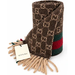 Monogram Brown Cashmere & Wool Scarf with Green & Red Web Stripe