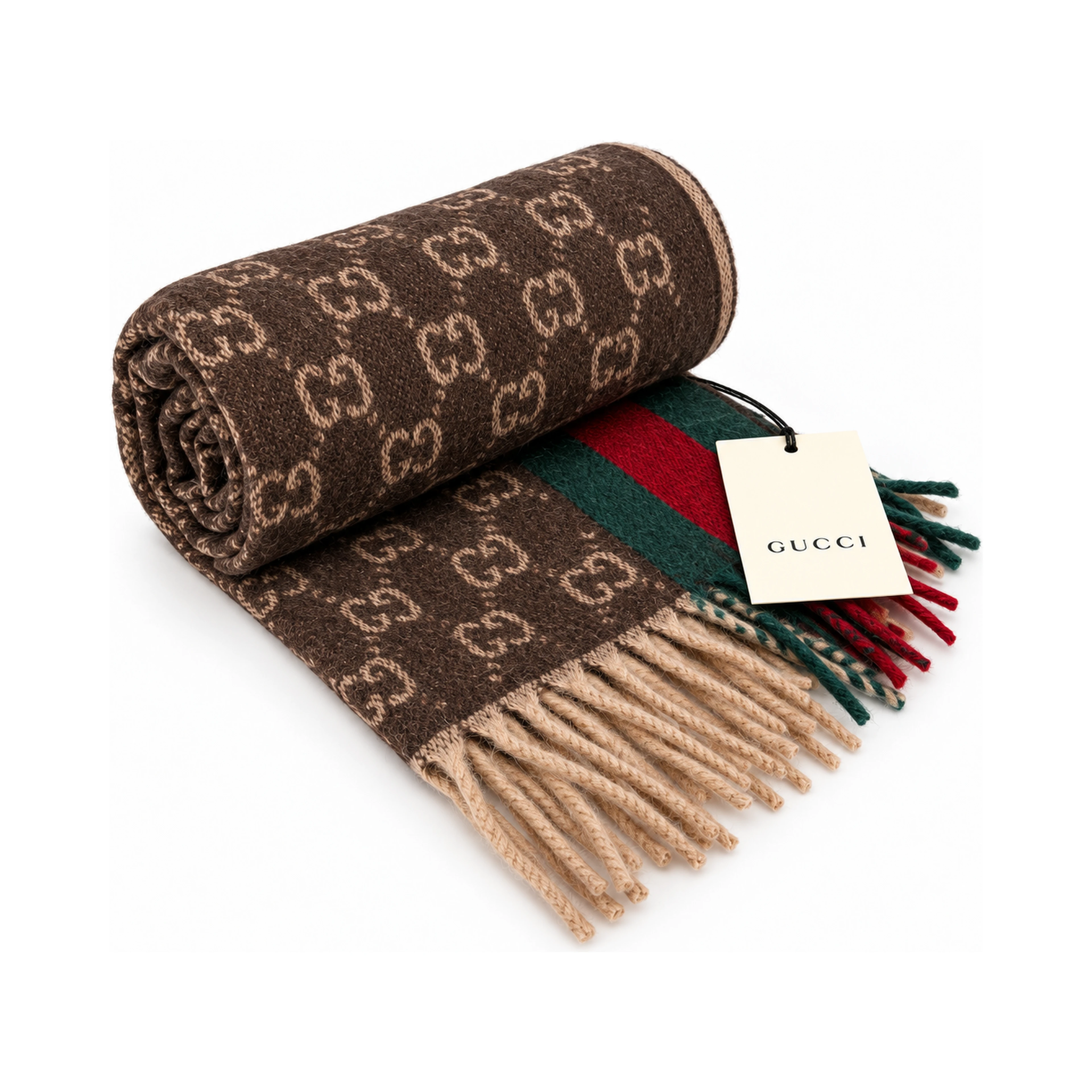 Monogram Brown Cashmere & Wool Scarf with Green & Red Web Stripe