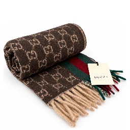 Monogram Brown Cashmere & Wool Scarf with Green & Red Web Stripe