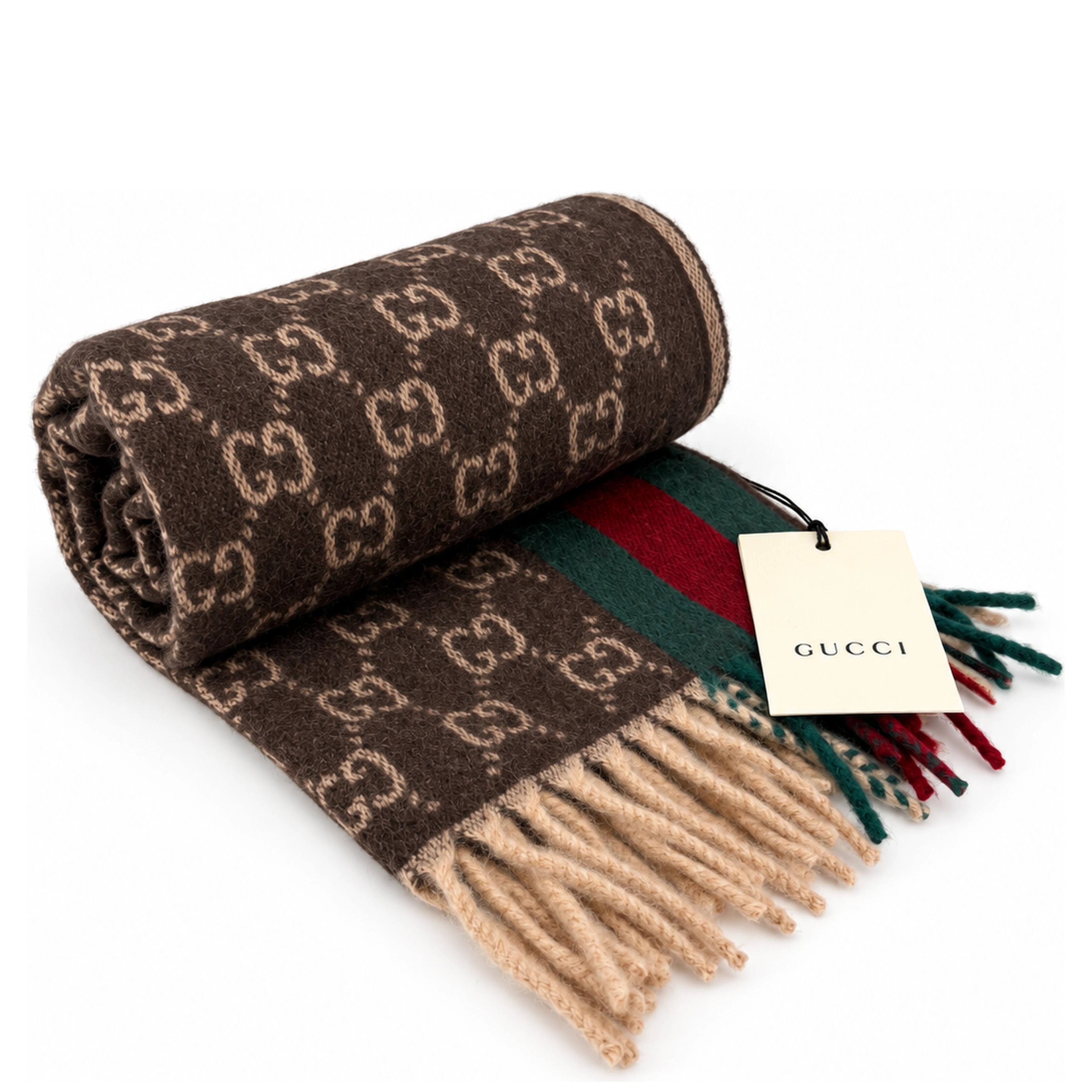 Monogram Brown Cashmere & Wool Scarf with Green & Red Web Stripe