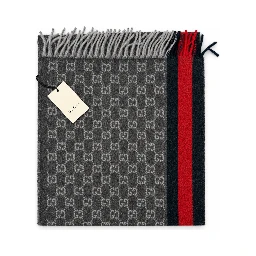 Monogram Charcoal Grey Cashmere & Wool Scarf with Red & Navy Stripe