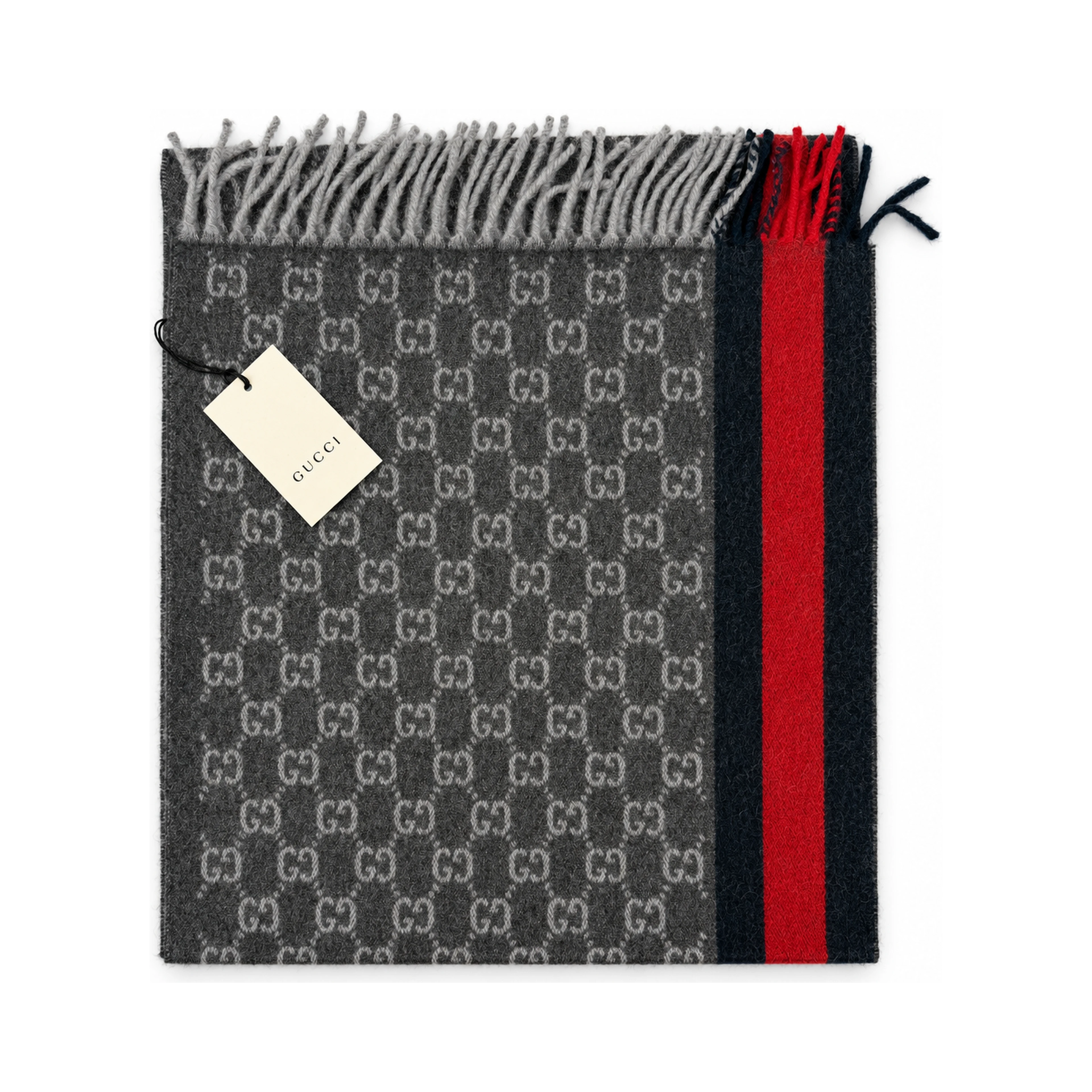 Monogram Charcoal Grey Cashmere & Wool Scarf with Red & Navy Stripe