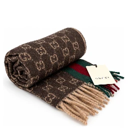 Monogram Brown Cashmere & Wool Scarf with Green & Red Web Stripe
