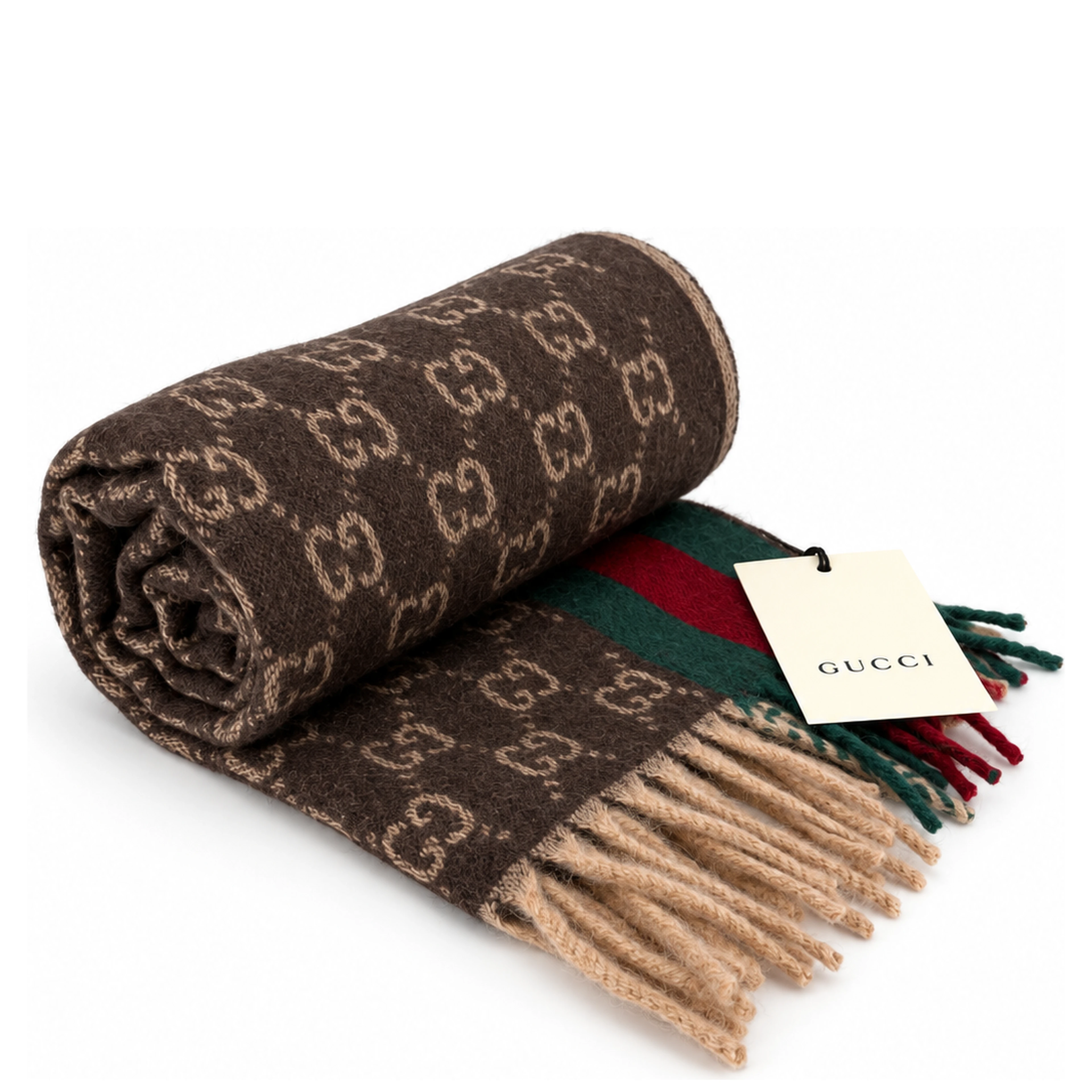 Monogram Brown Cashmere & Wool Scarf with Green & Red Web Stripe