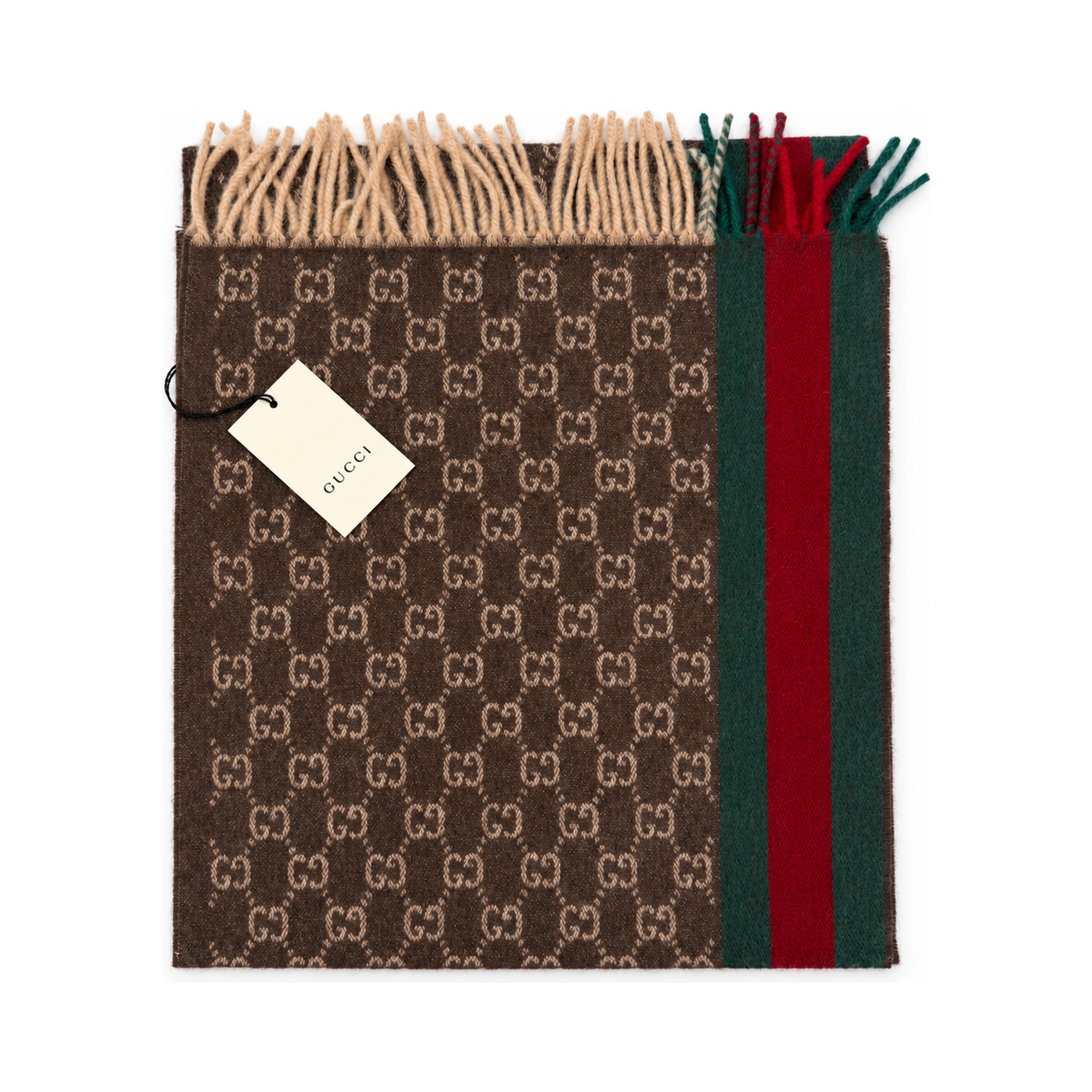 Monogram Brown Cashmere & Wool Scarf with Green & Red Web Stripe