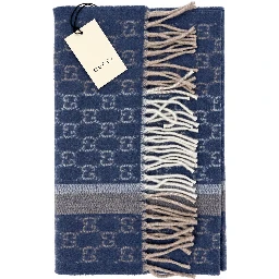 Monogram Blue Cashmere & Wool Scarf with Beige & Cream Fringe