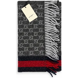 Monogram Charcoal Grey Cashmere & Wool Scarf with Red & Navy Stripe