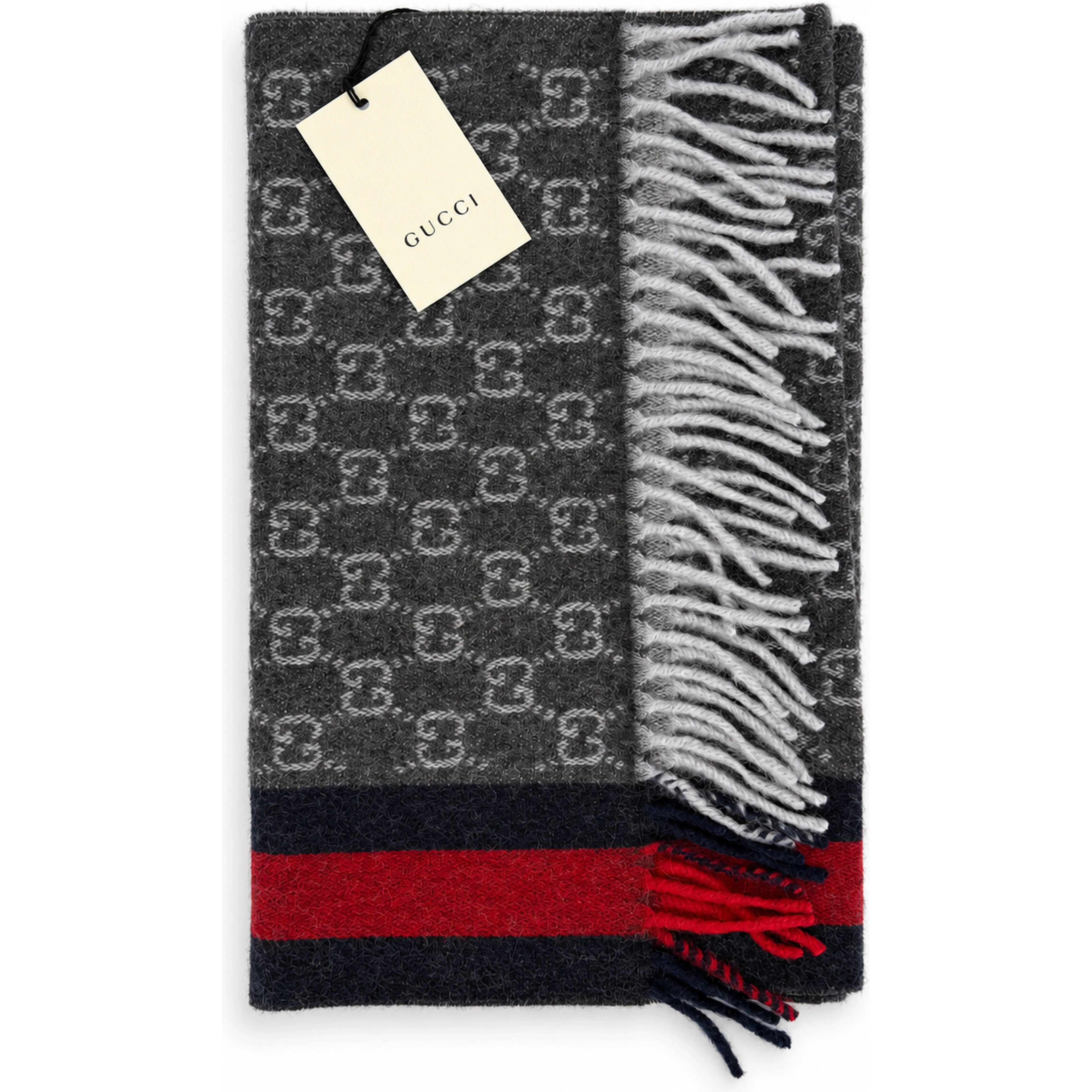 Monogram Charcoal Grey Cashmere & Wool Scarf with Red & Navy Stripe